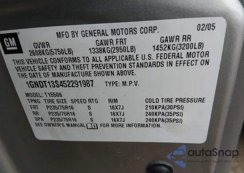 2005 Chevrolet Trailblazer Ls из США, поврежденный, VIN 1GNDT13S452291987